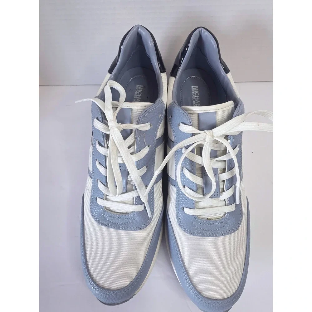 Michael Kors Georgie Wedge Sneakers Blue White MK Logo Shoes 9.5M Worn 1X